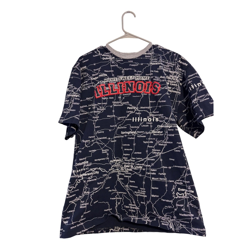 Illinois State Map All Over Print T-Shirt Navy Blue Home Sweet Home Mens XL